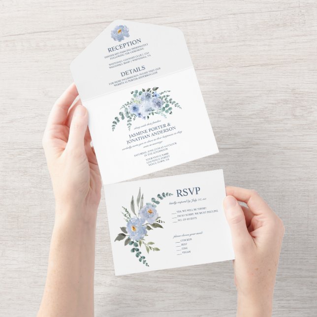 Invitation Tout En Un Fleurs aquarelles bleu clair et marine | (Déchirure)