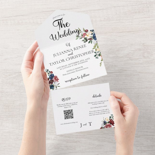 Invitation Tout En Un Fleurs aquarelles bleu marine et bourgogne (Déchirure)