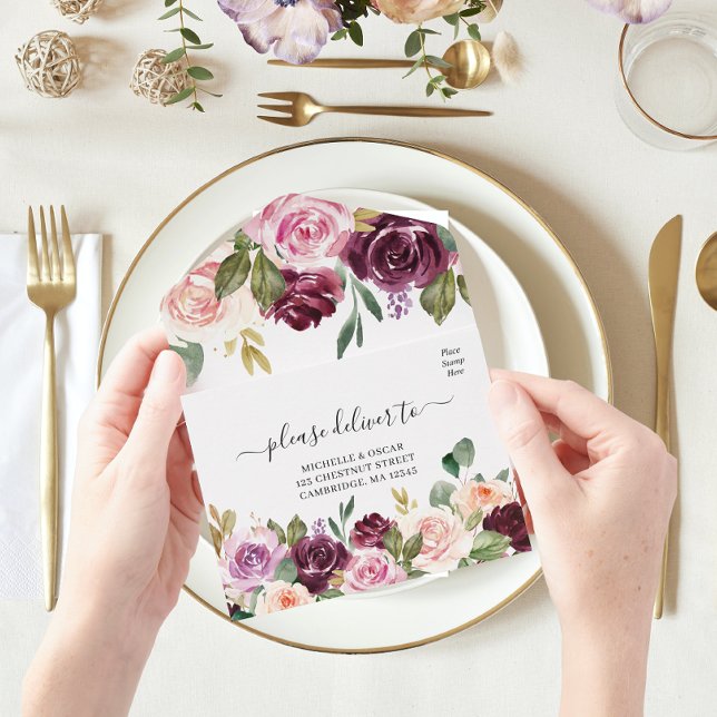 Invitation Tout En Un Fleurs aquarelles rustiques Bourgogne & gouttes d' (Créateur téléchargé)