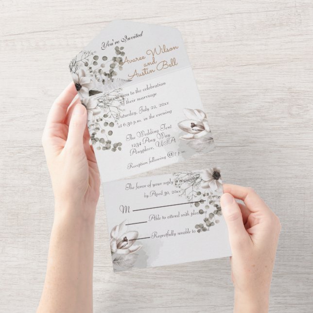 Invitation Tout En Un Fleurs aquarelles sépia monochromes tout-en-un (Déchirure)