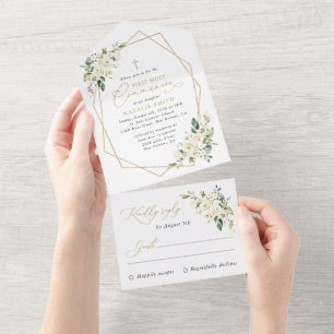 Invitation Tout En Un Fleurs blanches crème, Bohème, Première Sainte Com