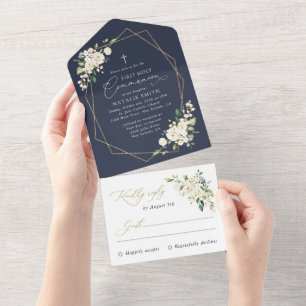 Invitation Tout En Un Fleurs blanches crème, Boho, Première Sainte Commu