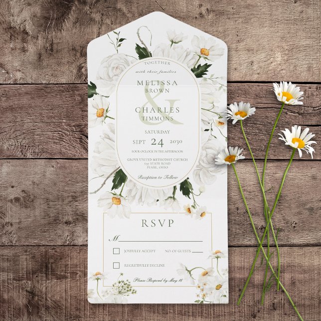 Invitation Tout En Un Fleurs blanches et marguerites rustiques Pas de dî (Rustic Daisies & White Flowers All In One Wedding Invitation without Dinner Options)