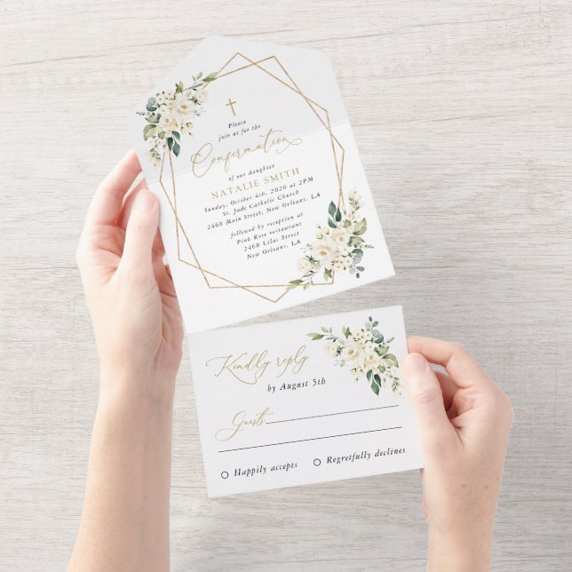 Invitation Tout En Un Fleurs blanches, Fleurs crème, Bohème, Confirmatio (Déchirure)