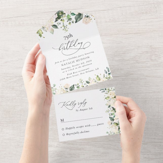 Invitation Tout En Un Fleurs blanches, Fleurs crème, Boho, Anniversaire (Déchirure)