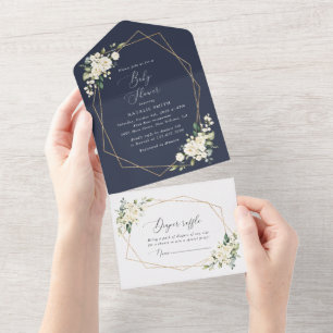 Invitation Tout En Un Fleurs blanches, Fleurs de crème, Boho, Baby showe