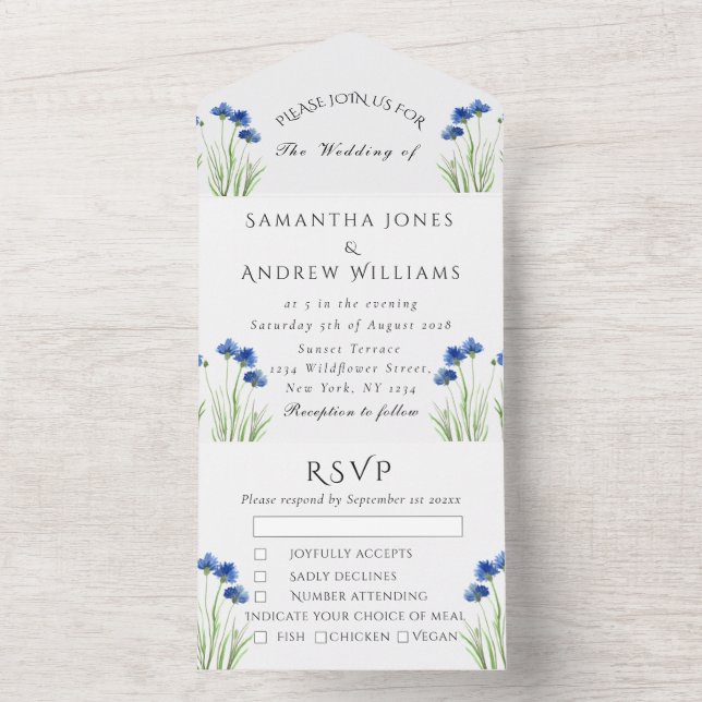 Invitation Tout En Un Fleurs bleues de Cornflowers Mariage Fleur sauvage (À l'intérieur)