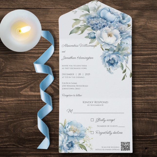 Invitation Tout En Un Fleurs Bleues Glaces d'hiver Code QR (Créateur téléchargé)