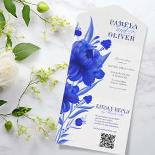 Invitation Tout En Un Fleurs bleues personnalisées avec QR RSVP