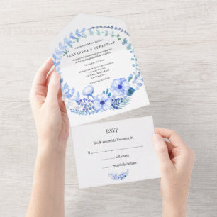 Invitation Tout En Un Fleurs bleues rustiques et Mariage de baies tout e