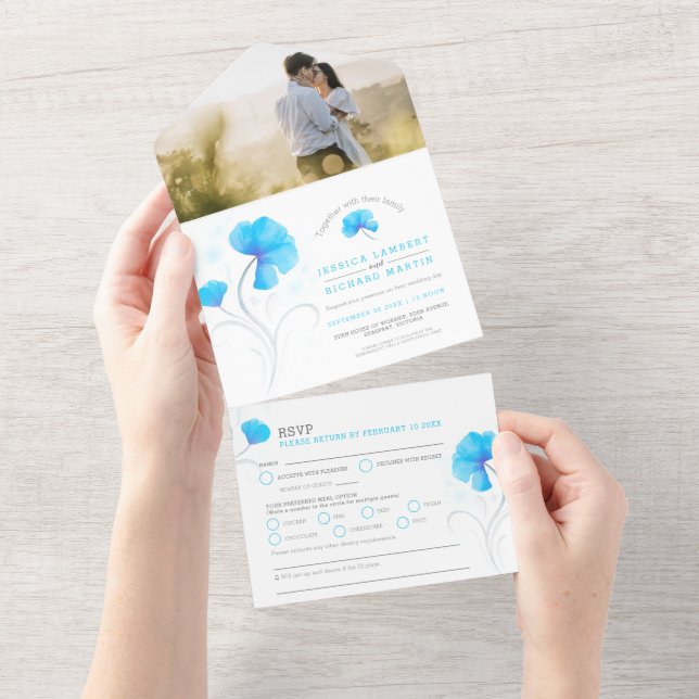 Invitation Tout En Un Fleurs bleues tourbillon gris aquarelle photo pers (Déchirure)