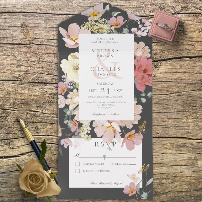 Invitation Tout En Un Fleurs Boho Noir & Blush Rose Pas de dîner (Créateur téléchargé)