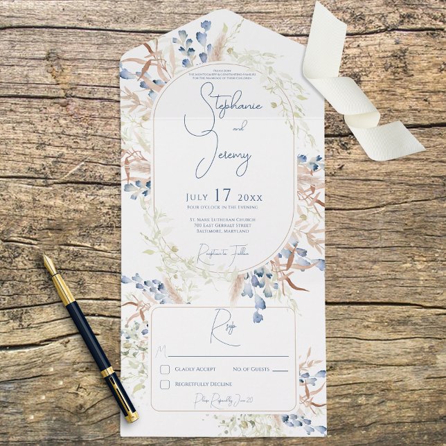 Invitation Tout En Un Fleurs Boho Sèches Bleues & Tan Blanc Sans Dîner (Créateur téléchargé)