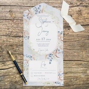 Invitation Tout En Un Fleurs Boho Sèches Bleues & Tan Bleues Sans Dîner
