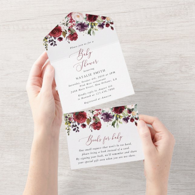 Invitation Tout En Un Fleurs Bourgognes, Fleurs Roses, Boho, Baby shower (Déchirure)