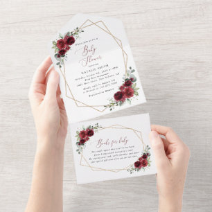 Invitation Tout En Un Fleurs Bourgognes, Fleurs Rouges, Baby shower