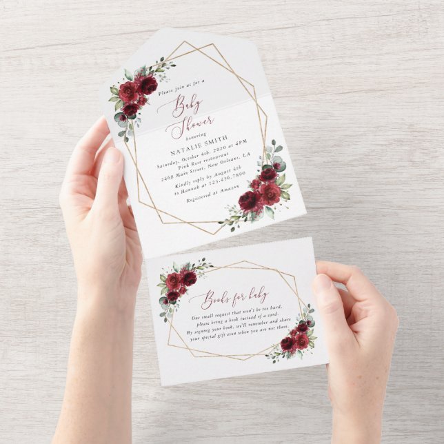 Invitation Tout En Un Fleurs Bourgognes, Fleurs Rouges, Baby shower (Déchirure)