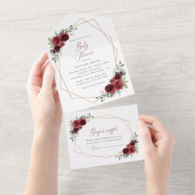 Invitation Tout En Un Fleurs Bourgognes, Fleurs Rouges, Baby shower (Déchirure)