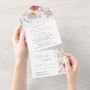 Invitation Tout En Un Fleurs Colorées, Fleurs Sauvages, Première Communi