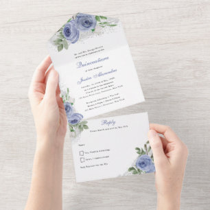 Invitation Tout En Un Fleurs d'aquarelle bleu Quinceanera et argent