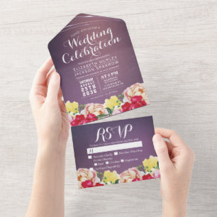 Invitation Tout En Un Fleurs d'aquarelle colorée violet BG Mariage RSVP