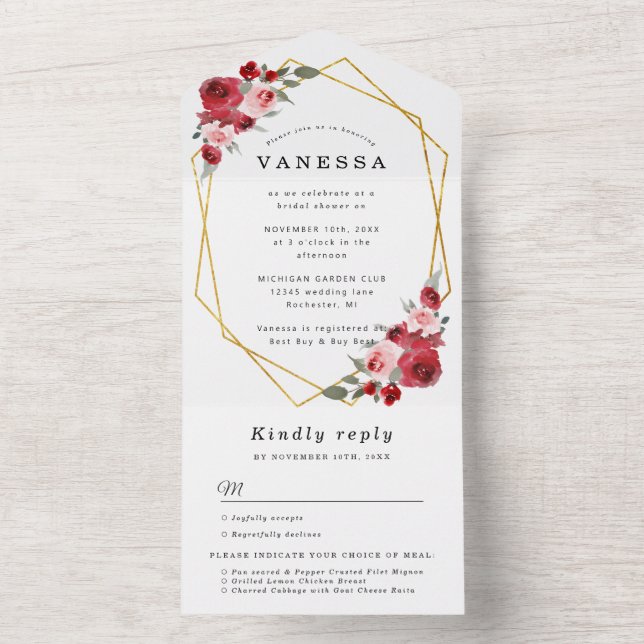 Invitation Tout En Un Fleurs d'aquarelle douche nuptiale géométrique ave (À l'intérieur)