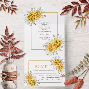 Invitation Tout En Un Fleurs d'aquarelle jaune et mariage d'or feuille