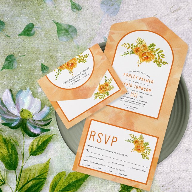 Invitation Tout En Un Fleurs d'aquarelle orange et mariage à arc (Créateur téléchargé)