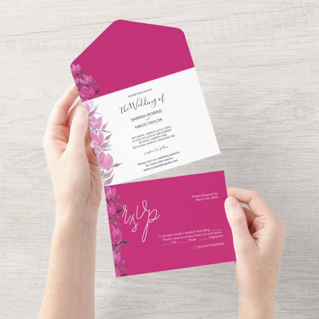 Invitation Tout En Un Fleurs d'aquarelle Rustique Chic Hot Rose (Déchirure)