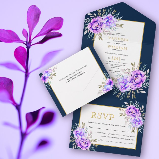 Invitation Tout En Un Fleurs d'aquarelle violette et mariage de marine f (Créateur téléchargé)