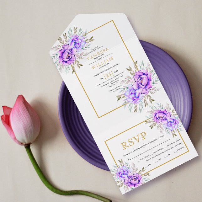 Invitation Tout En Un Fleurs d'aquarelle violette et mariage d'or feuill (Créateur téléchargé)