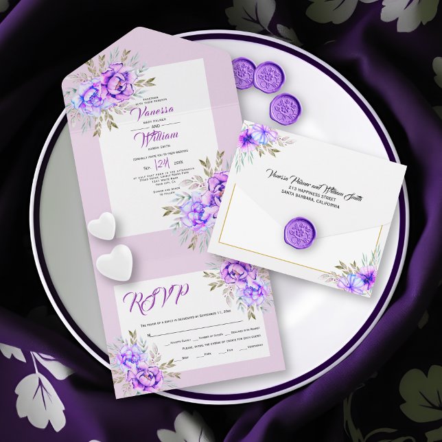Invitation Tout En Un Fleurs d'aquarelle violette mariage lilas tout en  (Créateur téléchargé)