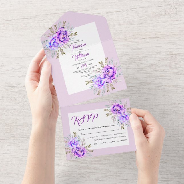 Invitation Tout En Un Fleurs d'aquarelle violette mariage lilas tout en  (Déchirure)