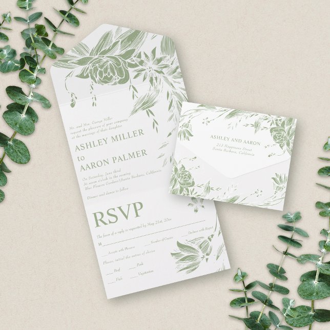 Invitation Tout En Un Fleurs d'art vert Sage et blanc mariage (Créateur téléchargé)