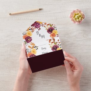 Invitation Tout En Un Fleurs d'automne avec mariage fleuri aquarelle gra
