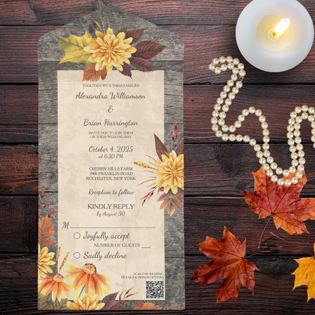 Invitation Tout En Un Fleurs d'automne rustiques sur bois avec code QR (Also available without QR code. )