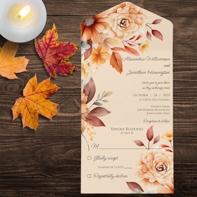 Invitation Tout En Un Fleurs d'automne sur fond beige  (Créateur téléchargé)