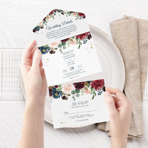 Invitation Tout En Un Fleurs de beauté rustiques bordeaux bleu marine et