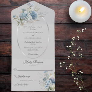 Invitation Tout En Un Fleurs de Bohême Bleue Glace sur Gris pâle