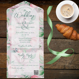 Invitation Tout En Un Fleurs de campagne roses et vertes Code QR