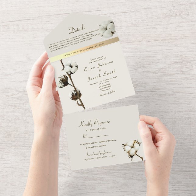 Invitation Tout En Un Fleurs de Coton Mariage (Déchirure)