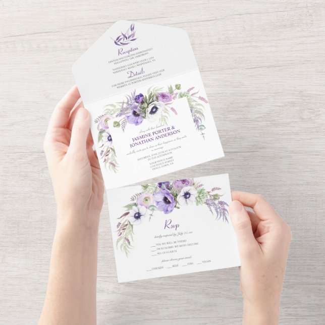 Invitation Tout En Un Fleurs de Lavande Violette & Anémones Blanches | (Déchirure)