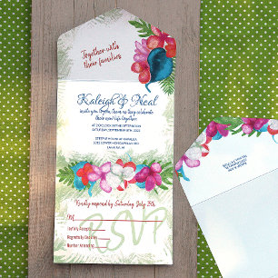 Invitation Tout En Un Fleurs de Plumeria roses corail turquoise colorées