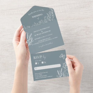Invitation Tout En Un Fleurs de prairie Mariage gris bleu RSVP