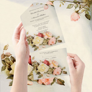 Invitation Tout En Un Fleurs de rose de jardin antiques de mariage vinta