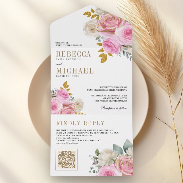 Invitation Tout En Un Fleurs de Roses Rose Clair Code QR Mariage (Créateur téléchargé)