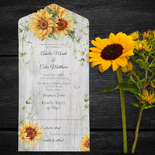 Invitation Tout En Un Fleurs de soleil aquarelle sur bois blanc