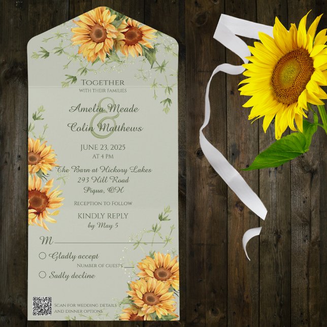 Invitation Tout En Un Fleurs de soleil aquarelle sur Sage Green avec cod (Créateur téléchargé)
