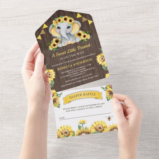 Invitation Tout En Un Fleurs de soleil en bois rustique Baby shower élép (Déchirure)