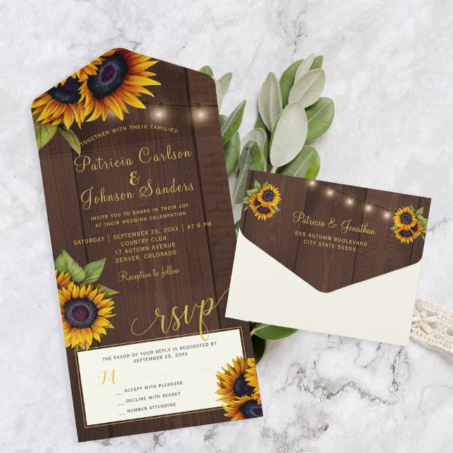 Invitation Tout En Un Fleurs de soleil en or rustique mariage (Créateur téléchargé)